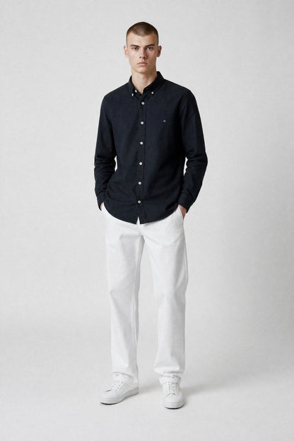 Tommy Hilfiger Premium Slim Fit Oxford Button-Down Shirt for Men – Classic Navy Smart Casual Long Sleeve Shirt 💙✨