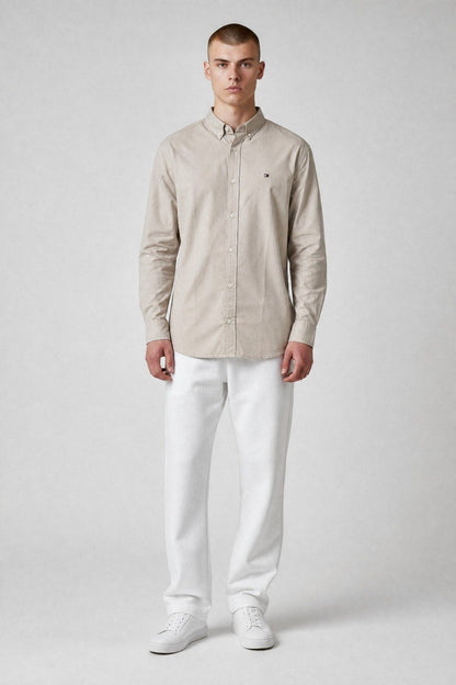 Tommy Hilfiger Premium Stone Beige Oxford Button Down Long Sleeve Shirt for Men – Luxury Minimal Smart Casual Essential 🤎✨