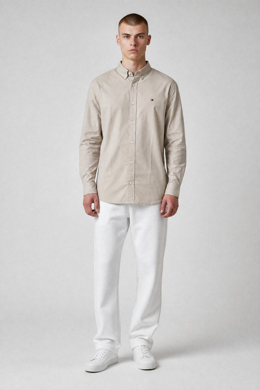 Tommy Hilfiger Premium Stone Beige Oxford Button Down Long Sleeve Shirt for Men – Luxury Minimal Smart Casual Essential 🤎✨