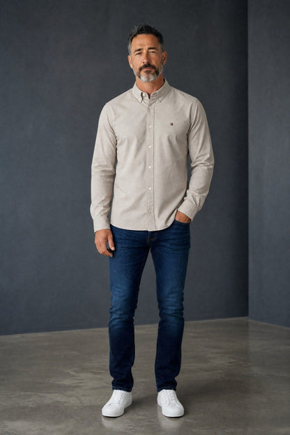 Tommy Hilfiger Premium Stone Beige Oxford Button Down Long Sleeve Shirt for Men – Luxury Minimal Smart Casual Essential 🤎✨