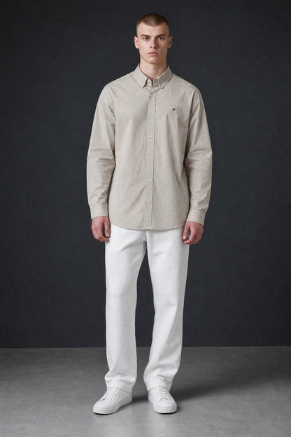 Tommy Hilfiger Premium Stone Beige Oxford Button Down Long Sleeve Shirt for Men – Luxury Minimal Smart Casual Essential 🤎✨