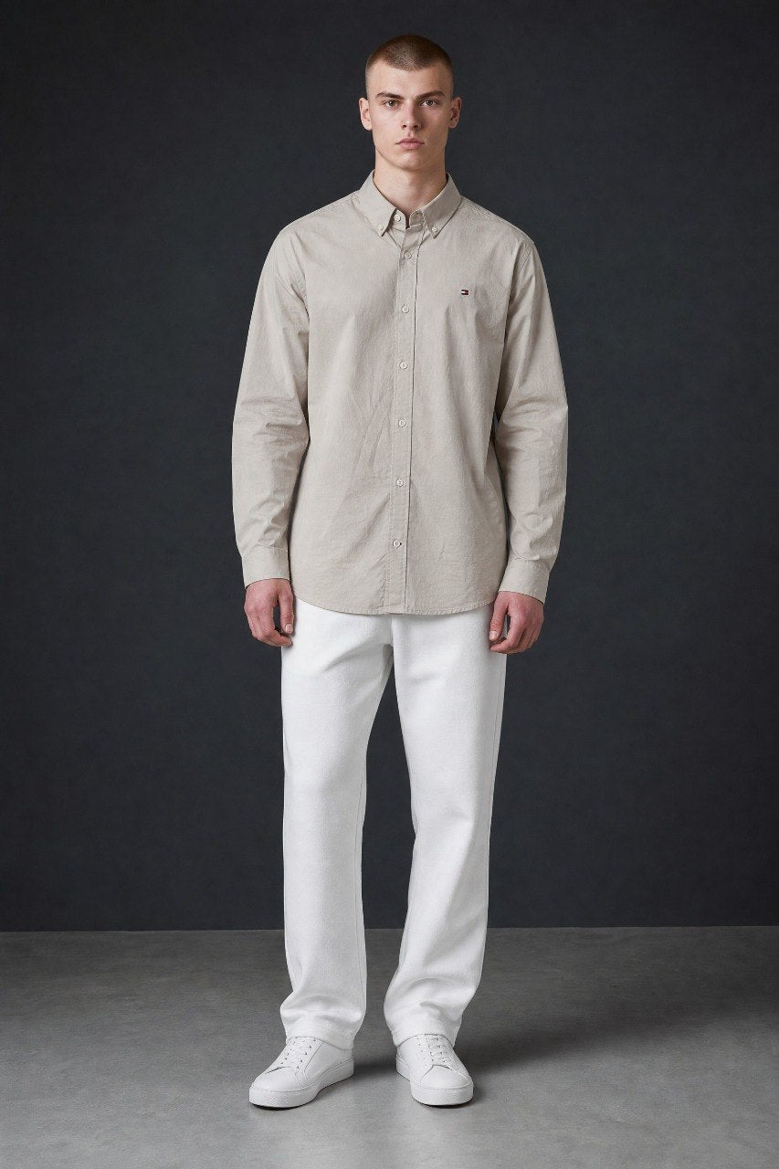 Tommy Hilfiger Premium Stone Beige Oxford Button Down Long Sleeve Shirt for Men – Luxury Minimal Smart Casual Essential 🤎✨