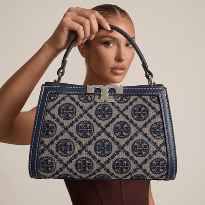 Tory Burch Monogram Mini Top Handle Bag – Navy & Beige Canvas Luxury 👜✨