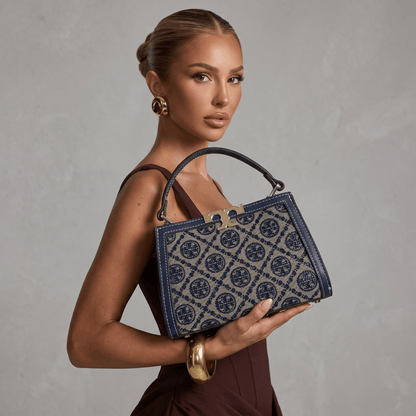 Tory Burch Monogram Mini Top Handle Bag – Navy & Beige Canvas Luxury 👜✨