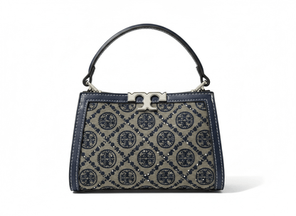 Tory Burch Monogram Mini Top Handle Bag – Navy & Beige Canvas Luxury 👜✨
