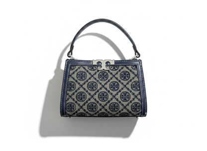 Tory Burch Monogram Mini Top Handle Bag – Navy & Beige Canvas Luxury 👜✨