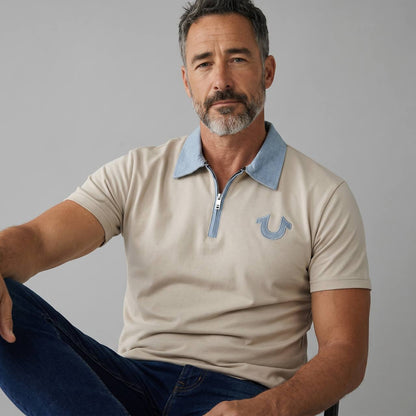 True Religion Half-Zip Polo T-Shirt – Beige & Sky Blue Edition 🤍💙