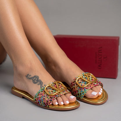 Valentino Slide – Multicolor Braided V Logo 🌈