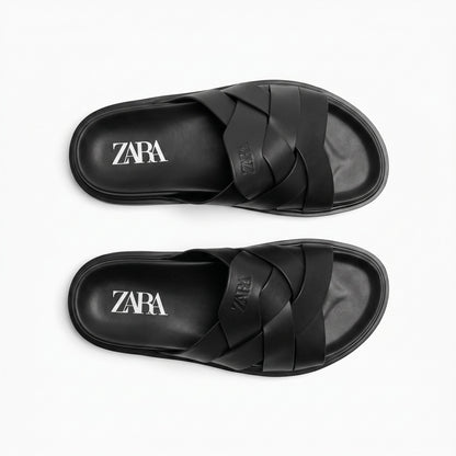 Zara Black Woven Leather Slide Sandals