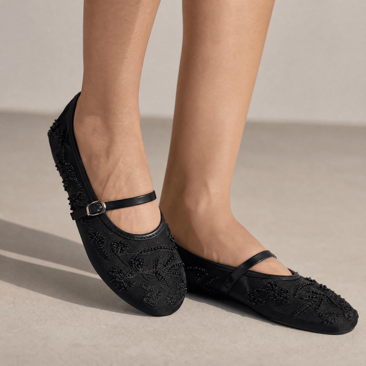 Zara Embellished Mary Jane Ballet Flats – Midnight Black Edition 🖤✨