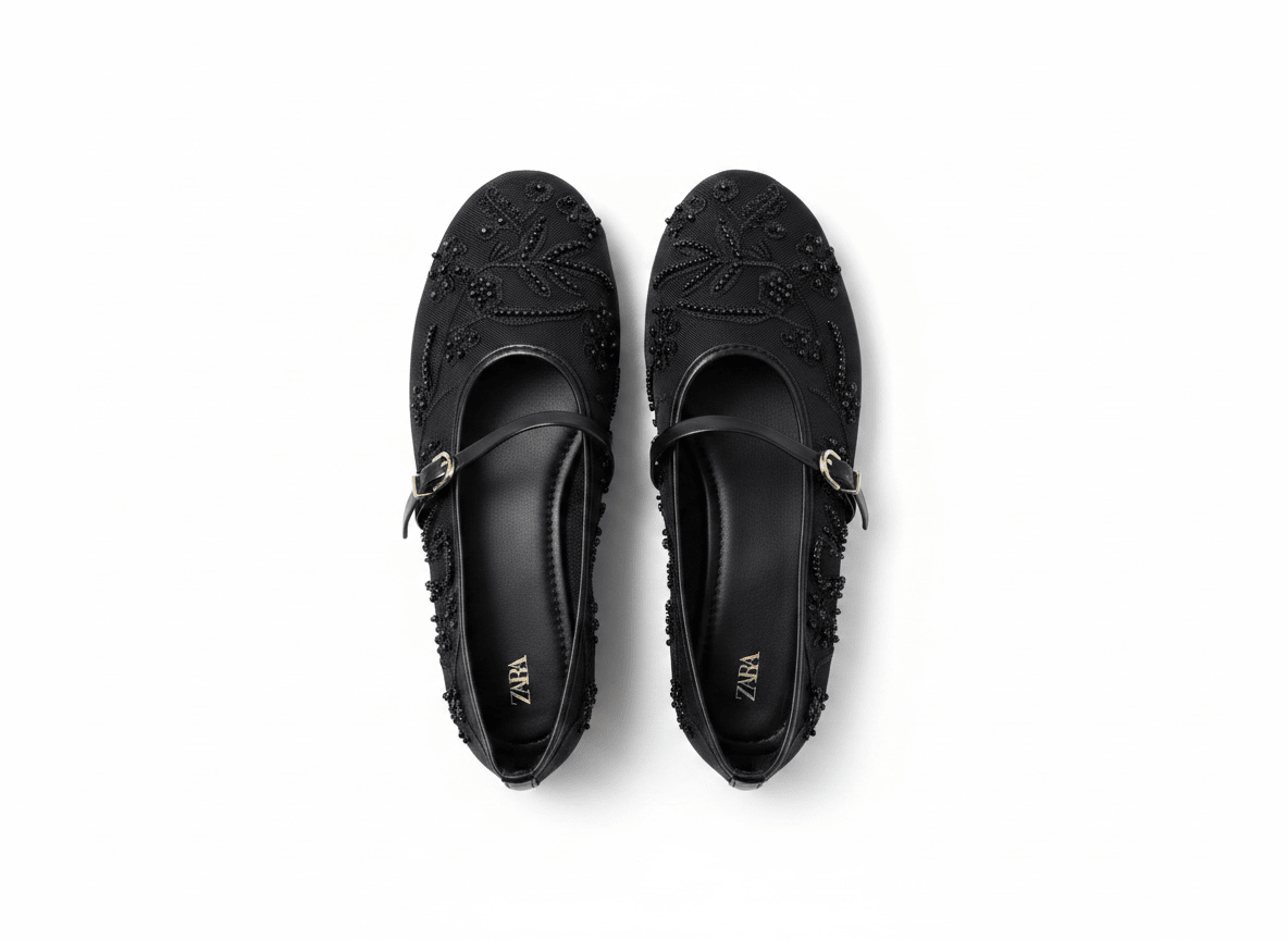 Zara Embellished Mary Jane Ballet Flats – Midnight Black Edition 🖤✨