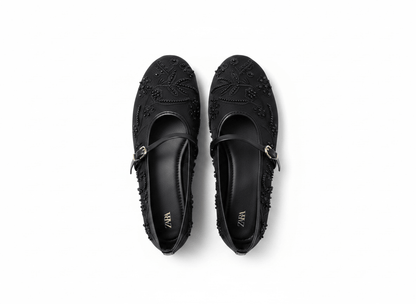 Zara Embellished Mary Jane Ballet Flats – Midnight Black Edition 🖤✨