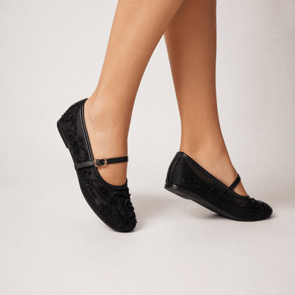 Zara Embellished Mary Jane Ballet Flats – Midnight Black Edition 🖤✨