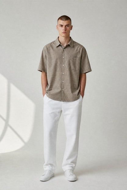 Zara Premium Beige Checkered Short Sleeve Button Up Shirt for Men – Relaxed Fit Smart Casual Summer Overshirt 🤎✨