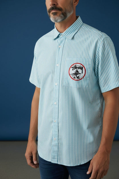 Zara Striped Relaxed Fit Short Sleeve Poplin Shirt for Men – Oversized Summer Streetwear Button-Up 💙🤍