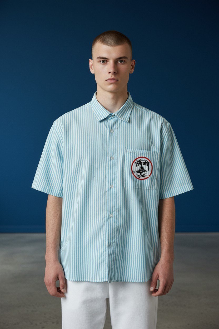 Zara Striped Relaxed Fit Short Sleeve Poplin Shirt for Men – Oversized Summer Streetwear Button-Up 💙🤍