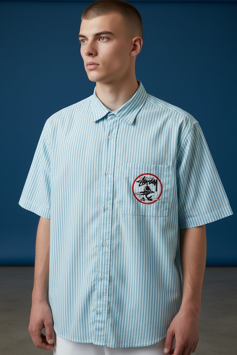 Zara Striped Relaxed Fit Short Sleeve Poplin Shirt for Men – Oversized Summer Streetwear Button-Up 💙🤍