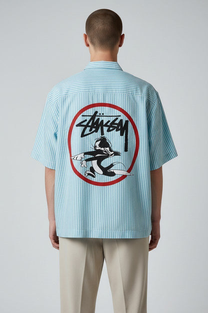 Zara Striped Relaxed Fit Short Sleeve Poplin Shirt for Men – Oversized Summer Streetwear Button-Up 💙🤍
